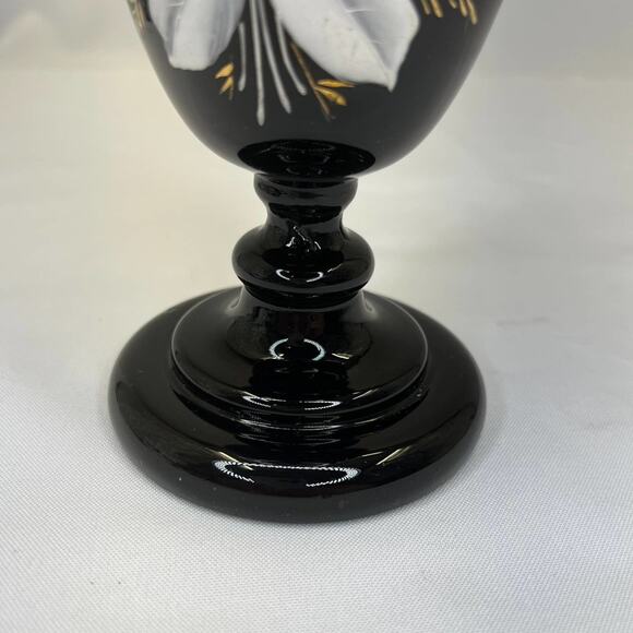 Vintage Black Glass Vase, Victorian era style handpainted floral decor - Picture 3 of 7